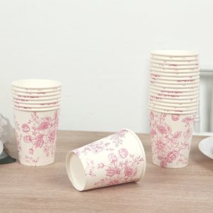 24-Pack Paper Cups 9oz White with Pink French Toile Print